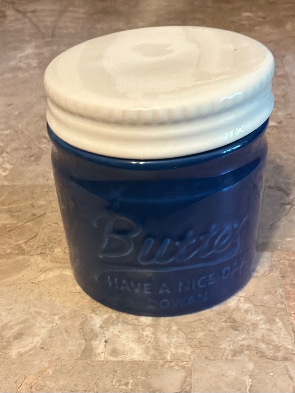 Blue Ceramic Butter Jar with White Lid -